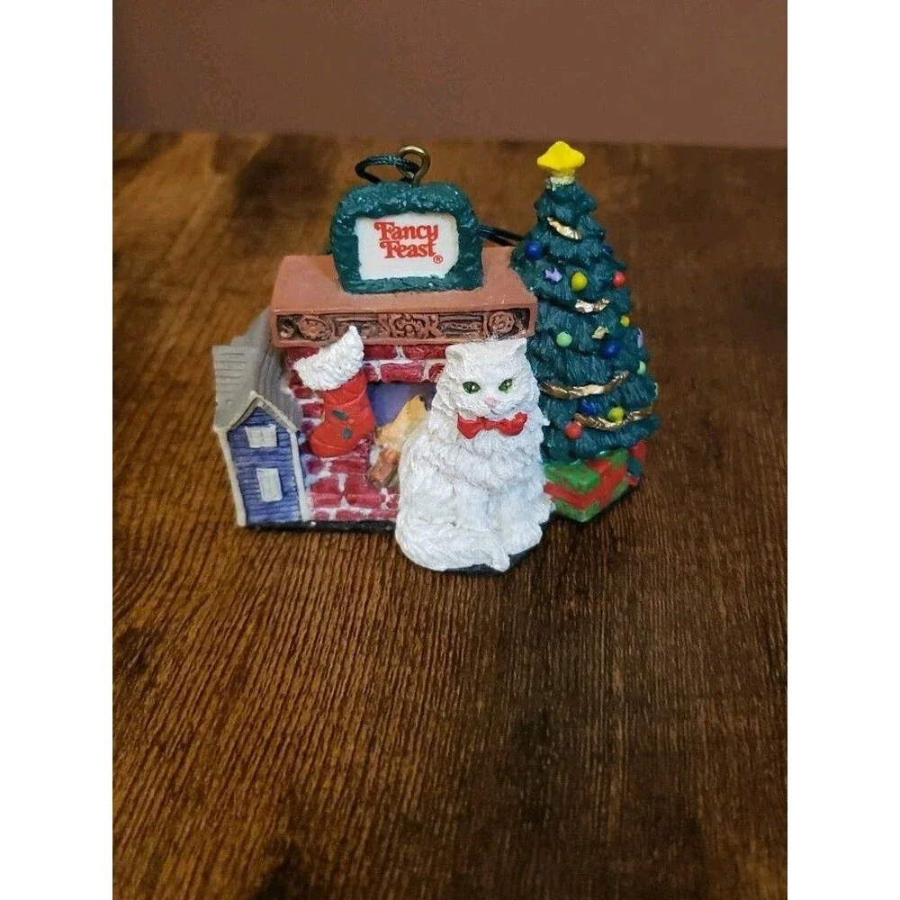 VTG 1993 Fancy Feast Christmas Ornament Cat Fireplace Holiday Tree Collectible